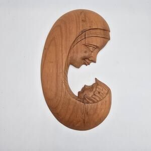 Vintage Madonna & Child Hand Carved Wood Wall Folk Art Sculpture Plaque Hanger